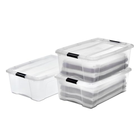 Iris Ohyama Aufbewahrungsboxen mit Deckel, 30L, 3er-Set, Transparent, Sicherer Verschluss, Stapelbar, Griffe, Schlafzimmer, Schrank, Büro, Organisation, BPA-freies Plastik, Ordnungsboxen, NTB-30