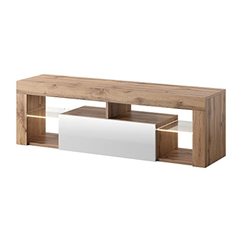 Selsey BIANKO – TV-Lowboard/TV-Schrank in Holz-Optik Lancaster Eiche mit Klappe in Weiß Hochglanz mit LED-Beleuchting Stehend 140cm