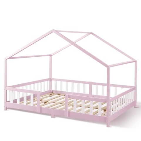[en.casa] Kinderbett Treviolo Hausbett 140 x 200 cm Holzbett für Kinder mit Rausfallschutz Bettgestell mit Lattenrost Kiefernholz Rosa