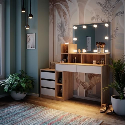 Vicco Schminktisch Anja, Kosmetiktisch mit Spiegel, Weiß/Sonoma, 139.8 cm mit LED Beleuchtung