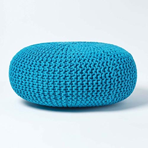 Homescapes Pouf Strickpouf rundes Bodenkissen, Sitzpouf 70 x 23 cm, gepolsterter Sitzhocker, Sitzpuff/Puff mit grob gestricktem Bezug aus 100% Baumwolle, Strickpuff, türkis/blaugrün
