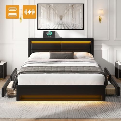 OKYION Polsterbett,140 x 200,Jugendbett,Doppelbett mit USB-Anschluss& LED-Beleuchtung und 4 Schubladen, mit Matratze, Schwarz