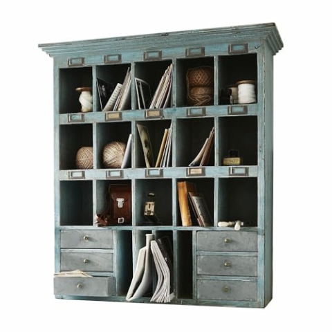 Loberon Regal Andover, im Stil Eines Klassischen Postablagesystems, mit Charmanten Schildchenhaltern, Vintage-Look, Organizer, Wandregal, Tannenholz, Blech, graublau