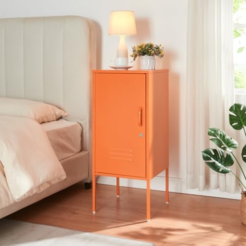 [en.casa] Nachtschrank Hausjärvi Nachttisch 82 x 35 x 35 cm Nachtkästchen Beistelltisch mit 1 Tür Metallschrank Beistellschrank abschließbar Büroschrank Stahl Orange