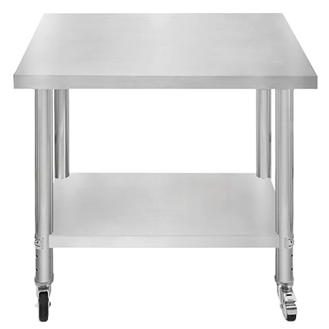 Gastro Edelstahl Arbeitstisch Vorbereitungstisch Küchentisch Zerlegetisch Flexibel Mobil 4 Rollen 2 Bremsen 4 anpassbaren Füßen Verstellbares unteres Regal 3 Positionen 160kg Kapazität 76 x 90 x 86cm