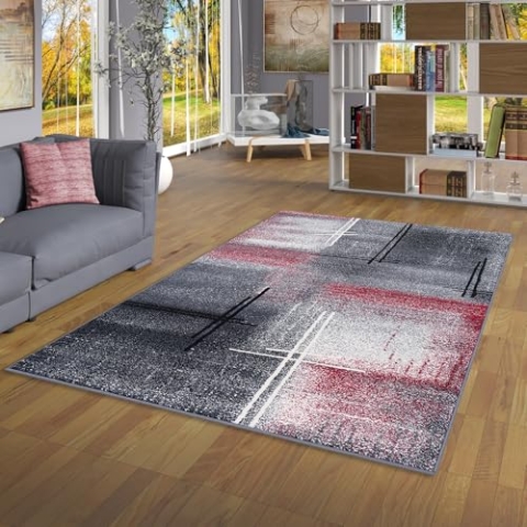 Designer Teppich Modern Wohnzimmer Schlafzimmer Esszimmer Kurzflor Brilliant Grau Rot Verlauf