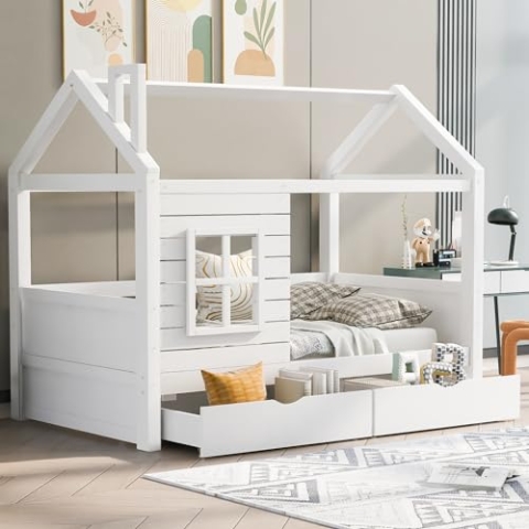OKYION Kinderbett 90x200cm mit Lattenrost und 2 Schublade, Hausbett Jugendbett Massivholzbett mit Rausfallschutz Fenster, Weiß(Ohne Matratze)