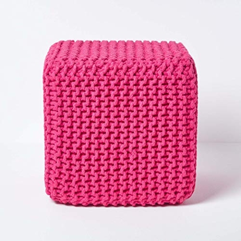 Homescapes gestrickter Sitzhocker Sitzwürfel pink, Strick Sitzpuff 35 x 35 x 35 cm, Strickhocker mit grob gestricktem Bezug aus 100% Baumwolle, Füllung aus 100% Polystyrol, rosa