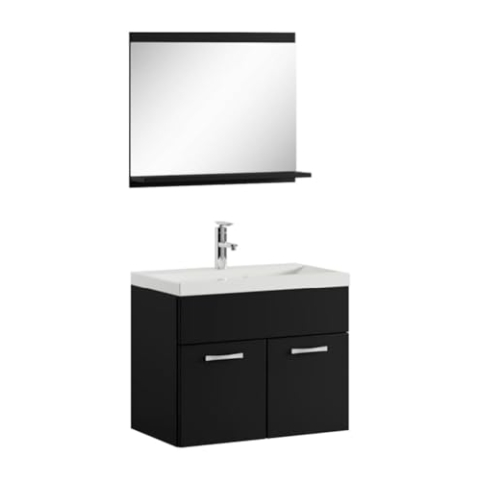 Badplaats B.V. Badezimmer Badmöbel Set Montreal 02 60cm Waschbecken Mat Schwarz - Unterschrank Waschtisch Spiegel Möbel