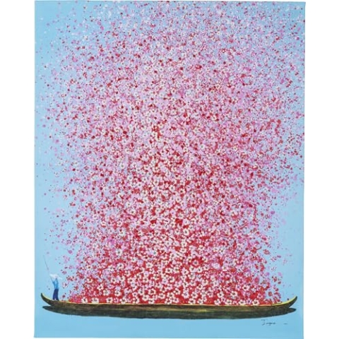 Kare Design Bild Touched Flower Boat Blau/Pink, Gemälde, Pastellfarben, Asia-Stil, buntes Wandbild, Canvas-Leinwand, Massivholz Rahmen, handgemalte Details mit Acrylfarbe, Abstrakt, 100x80x4 cm