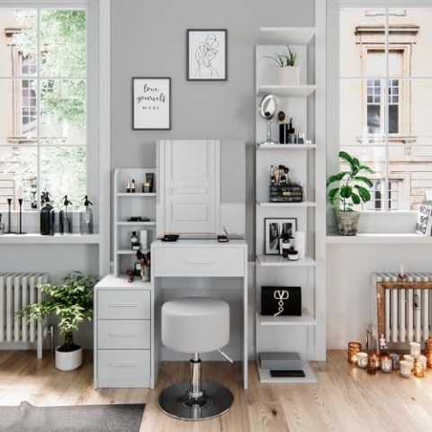 Vicco Schminktisch Conrada, Kosmetiktisch mit Spiegel, Weiß, 80 cm mit Hocker