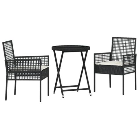 vidaXL Rundes Klappbares Teetisch-Set Rustikales Schwarz und Creme Design UV Beständig Sicherheitsglas Beinhaltet 2 Stühle Leichtes Gartenmöbel für Balkon Terrasse Akzent Seite
