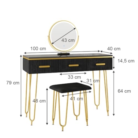 Vicco Schminktisch Layla, Schwarz Hochglanz, 100 cm mit LED Spiegel und Hocker