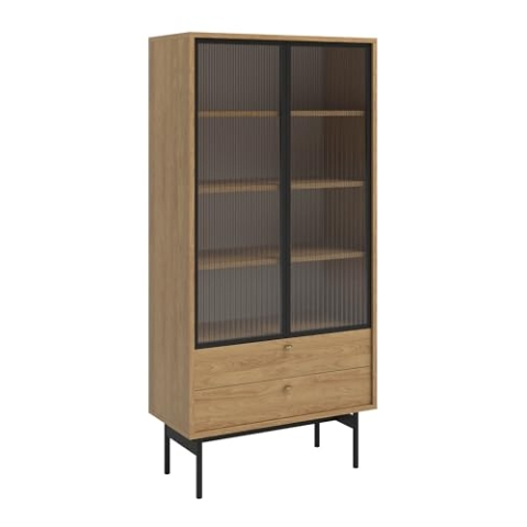 Selsey Vitrine Glas Vitrinenschrank Glasvitrine Wohnzimmer Glastür Hoch 85 cm 2 Schubladen 4 Fächer Hickoryholz Natur Olar