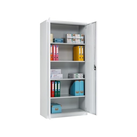 Furni 24 Aktenschrank, fertig montiert, 195x92x42cm, Stahlflügeltürschrank Materialschrank, Abschließbarer Spind, Aktenschrank mit 5 Fächern, Werkzeugschrank, Mehrzweckschrank, Universalschrank, grau