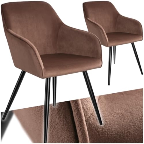 tectake® 2er Set Esszimmer Stuhl, Esszimmerstühle mit Sitzfläche aus Samt, Armlehnstuhl, Sessel Wohnzimmer, gepolsterter Office Chair, Schminktisch Stuhl, gemütlicher Küchenstuhl - braun/schwarz