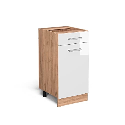 Vicco Küchenunterschrank R-Line, Weiß Hochglanz/Goldkraft Eiche, 40 cm ohne Arbeitsplatte