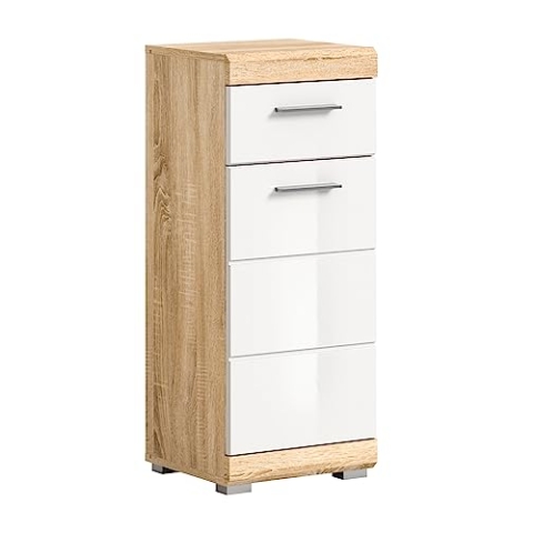 xonox.home Badezimmer Lambada Kommode Schrank Standschrank schmaler Badezimmerschrank Badschrank schmal in Front weiß Hochglanz Korpus Sonoma Eiche hell Nb., ca.37x88x31cm