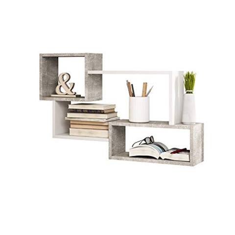 Selsey Kassi - Wandregal/Hängeregal/Bücherregal in Betonoptik/Weiß Matt 54x87cm, 30 x 30 x 50 cm