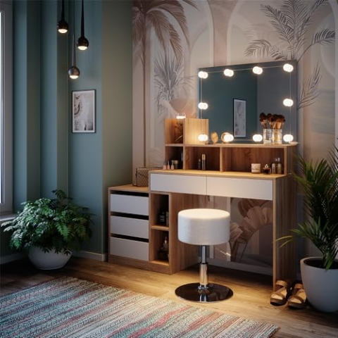 Vicco Schminktisch Anja, Weiß/Sonoma, 139.8 cm mit LED Beleuchtung und Hocker