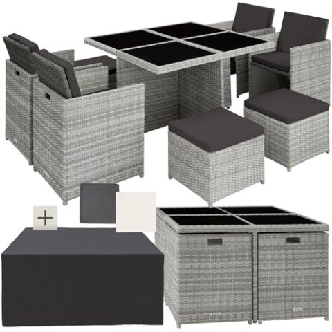 tectake® Lounge Möbel Set 4X Stühle, 4X Hocker, 1x Tisch, platzsparende Cube Aufbewahrung, Outdoor Rattan Gartenmöbel für Balkon, Garten und Terrasse, mit Abdeckung und Wechselbezügen - hellgrau