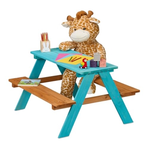 Relaxdays Kindersitzgarnitur Garten, Picknickbank, HBT: 51x90x78 cm, Kindersitzgruppe für 4 Kinder, Holz, blau/braun