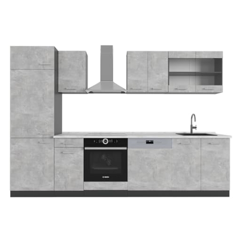 Vicco Küchenzeile R-Line, Küchenblock, Beton/Anthrazit, 300 cm, AP Marmor