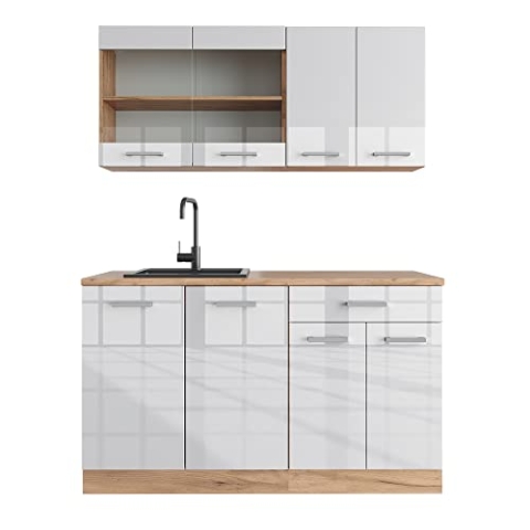Vicco Singleküche R-Line, Weiß Hochglanz/Goldkraft Eiche, 140 cm ohne Arbeitsplatte