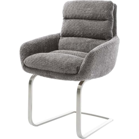 DELIFE Schwingstuhl Abelia-Flex mit Armlehnen Freischwinger flach Edelstahl Bouclé Grau