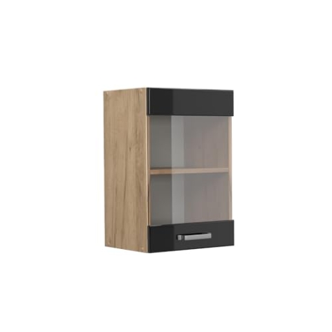 Vicco Küchenglasschrank R-Line, Schwarz Hochglanz/Goldkraft Eiche, 40 cm