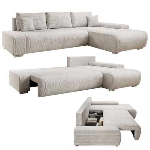 Juskys Sofa Iseo Rechts mit Schlaffunktion - Stoff Couch L Form für Wohnzimmer, bequem, ausziehbar - Schlafsofa Ecksofa Eckcouch Schlafcouch Beige
