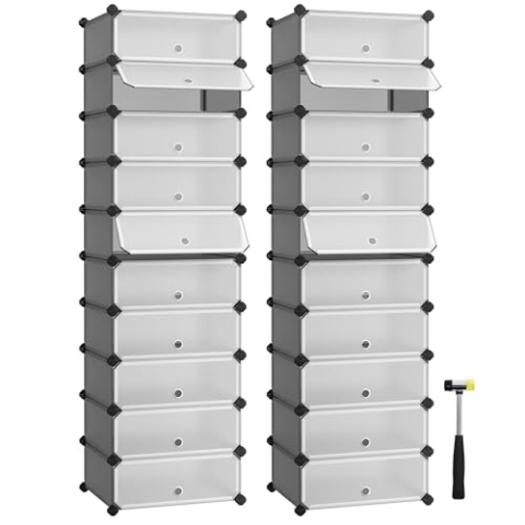 SONGMICS Schuhregal mit 10 Ebenen, 2er Set, Steckregal, Regalsystem, Schuh-Organizer, DIY-Regal, mit Tür, aus PP-Kunststoff, grau LPC010G02