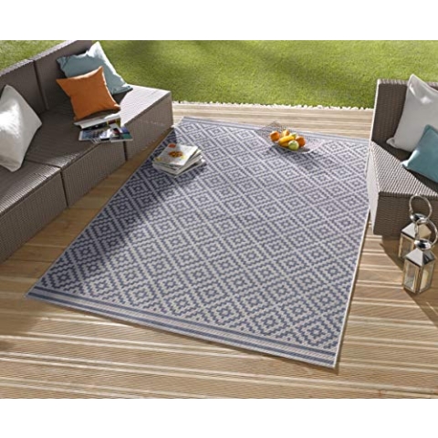 NORTHRUGS In- und Outdoor Teppich Raute 160x230cm - Wetterfest Modern Geometrisches Raute Muster Allover Design Läufer für Balkon Terrasse Garten Wintergarten Wohnzimmerteppich Wasserfest Blau Creme