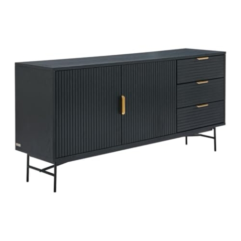 Vente-unique-Sideboard mit 2 Türen & 3 Schubladen - Eichenfurnier & Metall - Schwarz & Goldfarben - SIRIOLA