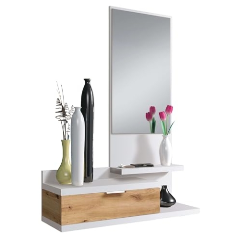 Habitdesign Flur mit Schublade und Spiegel, Eingangsmöbel, Modell Dahlia, Artik-Weiß und Nodi-Eiche, Maße: 81 cm (Breite) x 116 cm (Höhe) x 29 cm (Tiefe)