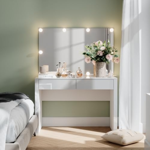 Vicco Schminktisch Annabelle, Weiß Hochglanz/Weiß, 110 cm mit Spiegel und Lampen