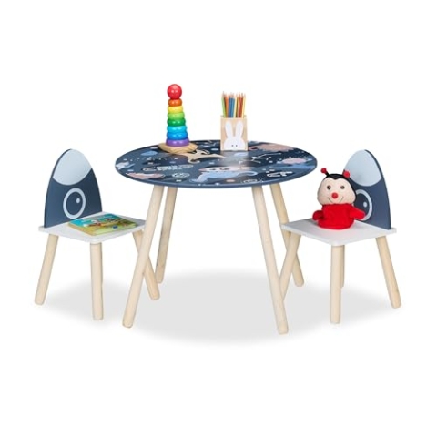 Relaxdays Kindersitzgruppe, 3-TLG., Space Dino, Kindertisch mit 2 Stühlen, Mädchen & Jungen, Sitzecke Kinderzimmer, bunt