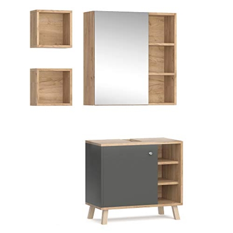 Vicco Badmöbel-Set Senyo, Badezimmerschrank-Set, Anthrazit/Goldkraft Eiche, 3 Teile