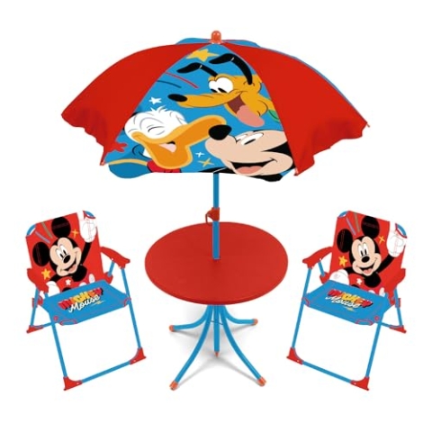 ARDITEX WD16128 Tisch-Set (50 x 50 x 48 cm), 2 Stühle (38 x 32 x 53 cm) und Sonnenschirm (Durchmesser 110 cm) von Disney-Mickey