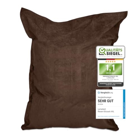 Lumaland Riesen-Sitzsack XXL 140x180cm | Indoor Bean Bag aus weichem & waschbarem Microvelours | 2-in-1- für bequemes Sitzen & Liegen | Mit über 3 Mio. anpassungsfähigen EPS-Perlen [Braun]