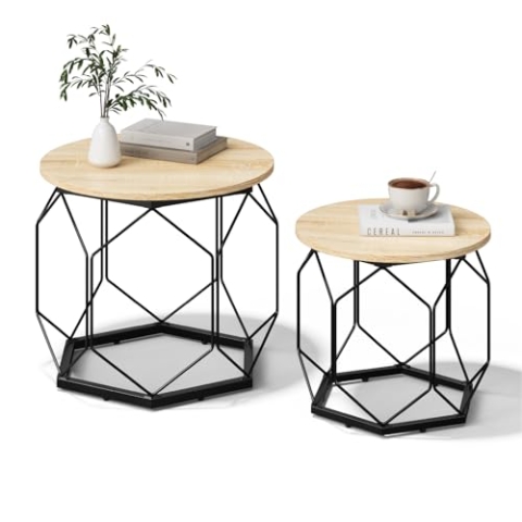 WOLTU Couchtisch 2er Set, Beistelltisch mit runder Tischplatte, Sofatisch mit hohlem Metallrahmen, Wohnzimmertisch mit Stauraum, aus Holzwerkstoff Metall, Holzoptik Helle Eiche + Schwarz, BTS05hei