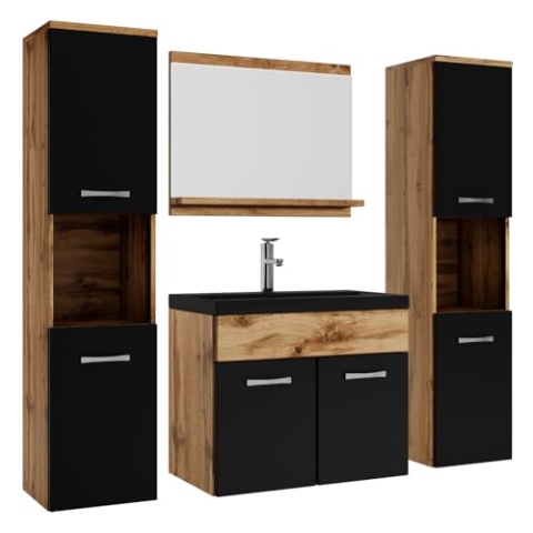 Badplaats B.V. Badezimmer Badmöbel Set Montreal XL 60cm Schwarze Waschbecken - Eiche mit Matt Schwarz - Unterschrank Hochschrank Waschtisch Möbel