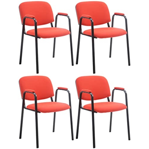 CLP 4er Set Besucherstühle Ken Pro Stoff Mit Gepolsterten Armlehnen Und Stoffbezügen I Polsterstühle Mit Metallgestell, Farbe:rot