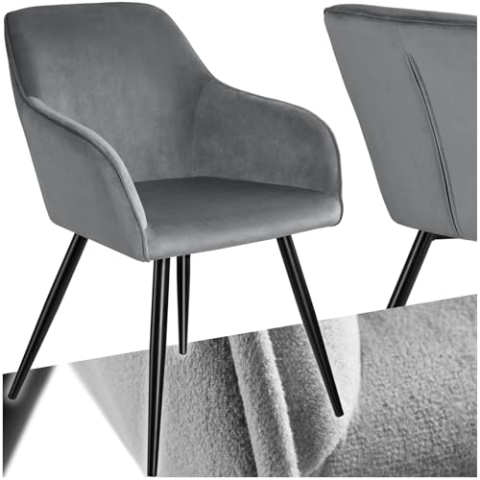 tectake® moderner Esszimmer Stuhl mit Armlehnen, Sitzfläche aus Samt, Armlehnstuhl, Sessel Wohnzimmer, gepolsterter Office Chair mit schwarzen Metallbeinen, Schminktisch Stuhl - grau/schwarz