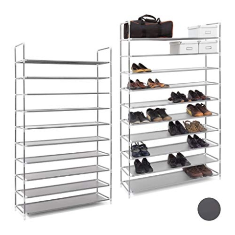 Relaxdays 2 x Schuhregal XXL, 10 Ebenen, erweiterbare Schuhablage für 50 Paar Schuhe, Stoff, Metall, HBT 175,5x100x29 cm, grau