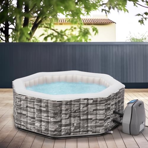 pro.tec Whirlpool aufblasbar Carosino für 5 Personen Outdoor Spa Massagebad 120 Massagedüsen Pool mit Pumpe und Filter 195 x 70 cm beheizt Gartenpool eckig Steinoptik
