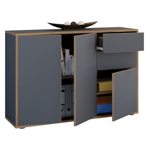 VCM Holz Kommode | Sideboard mit Drehtüren und Schubladen | Büromöbel | Maße ca H. 74 x B. 110 x T. 32cm - Salia Anthrazit