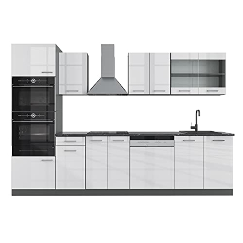 Vicco Küchenzeile R-Line, Weiß Hochglanz/Anthrazit, 300 cm mit Hochschrank, ohne Arbeitsplatte