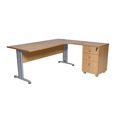 Furni24 Schreibtisch Winkelschreibtisch, Eckschreibtisch, Moderner Bürotisch Computertisch mit großer Arbeitsfläche, Bürotisch,PC Tisch, Dona Buche 180x120x74cm inkl.Beistellcontainer rechts gewinkelt