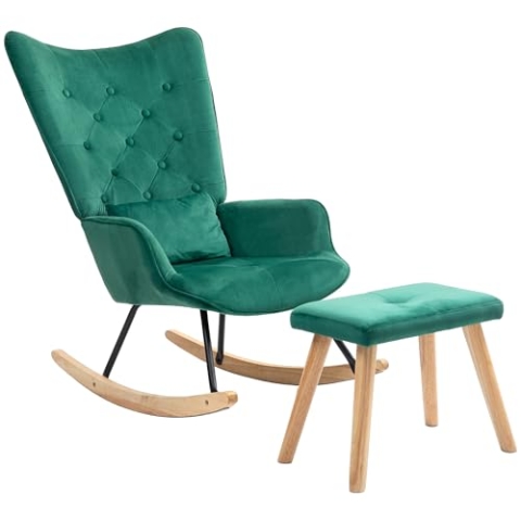 HOMCOM Schaukelstuhl mit Hocker, Schaukelsessel mit Lendenkissen, Schwingsessel aus Samtoptik, Holzbeine, Relaxsessel, Stillsessel für Wohnzimmer, Schlafzimmer, Grün